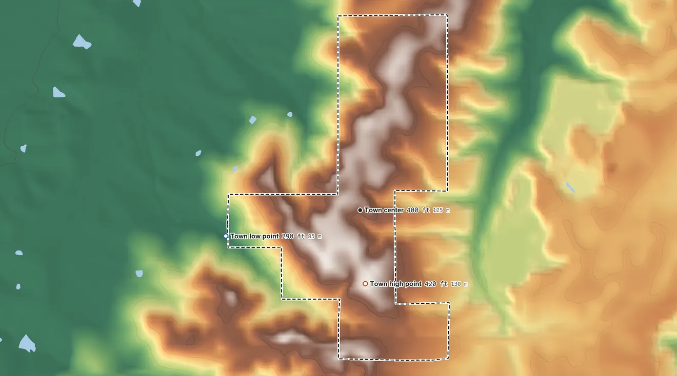 Topographic elevation map of Lowndesboro, Alabama, shaded from 290 ft on the west side to 420 ft on the south side