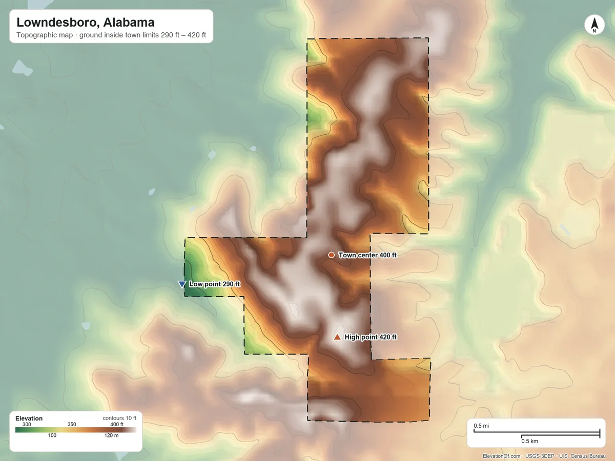 Topographic elevation map of Lowndesboro, Alabama, shaded from 290 ft on the west side to 420 ft on the south side