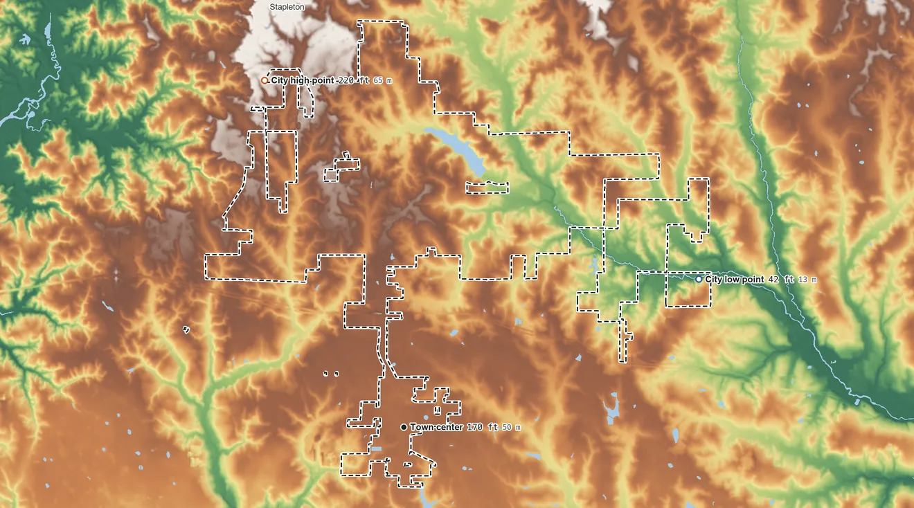 Topographic elevation map of Loxley, Alabama, shaded from 42 ft on the northeast side to 220 ft on the north side