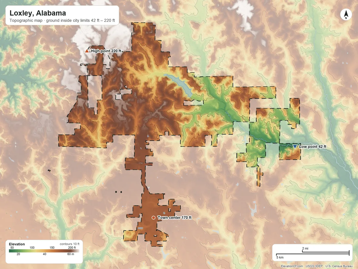 Topographic elevation map of Loxley, Alabama, shaded from 42 ft on the northeast side to 220 ft on the north side
