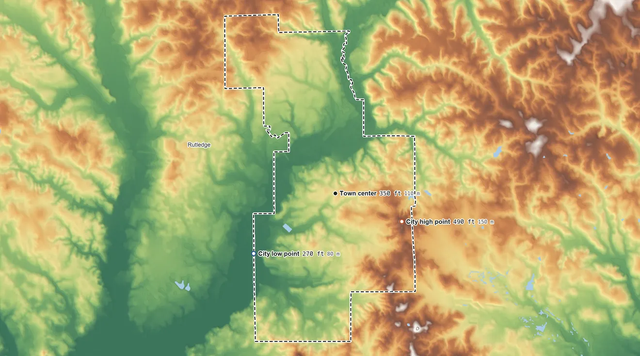 Topographic elevation map of Luverne, Alabama, shaded from 270 ft on the southwest side to 490 ft on the southeast side