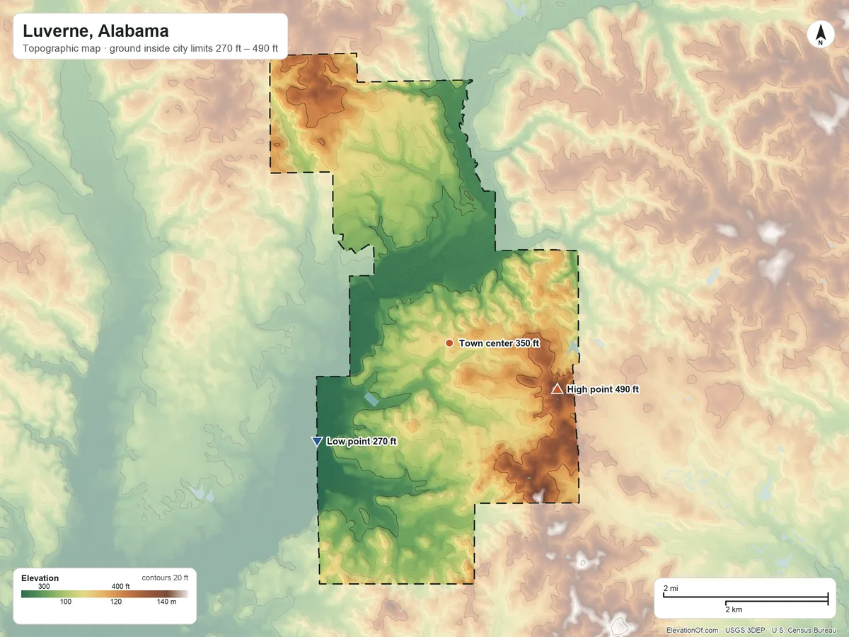 Topographic elevation map of Luverne, Alabama, shaded from 270 ft on the southwest side to 490 ft on the southeast side