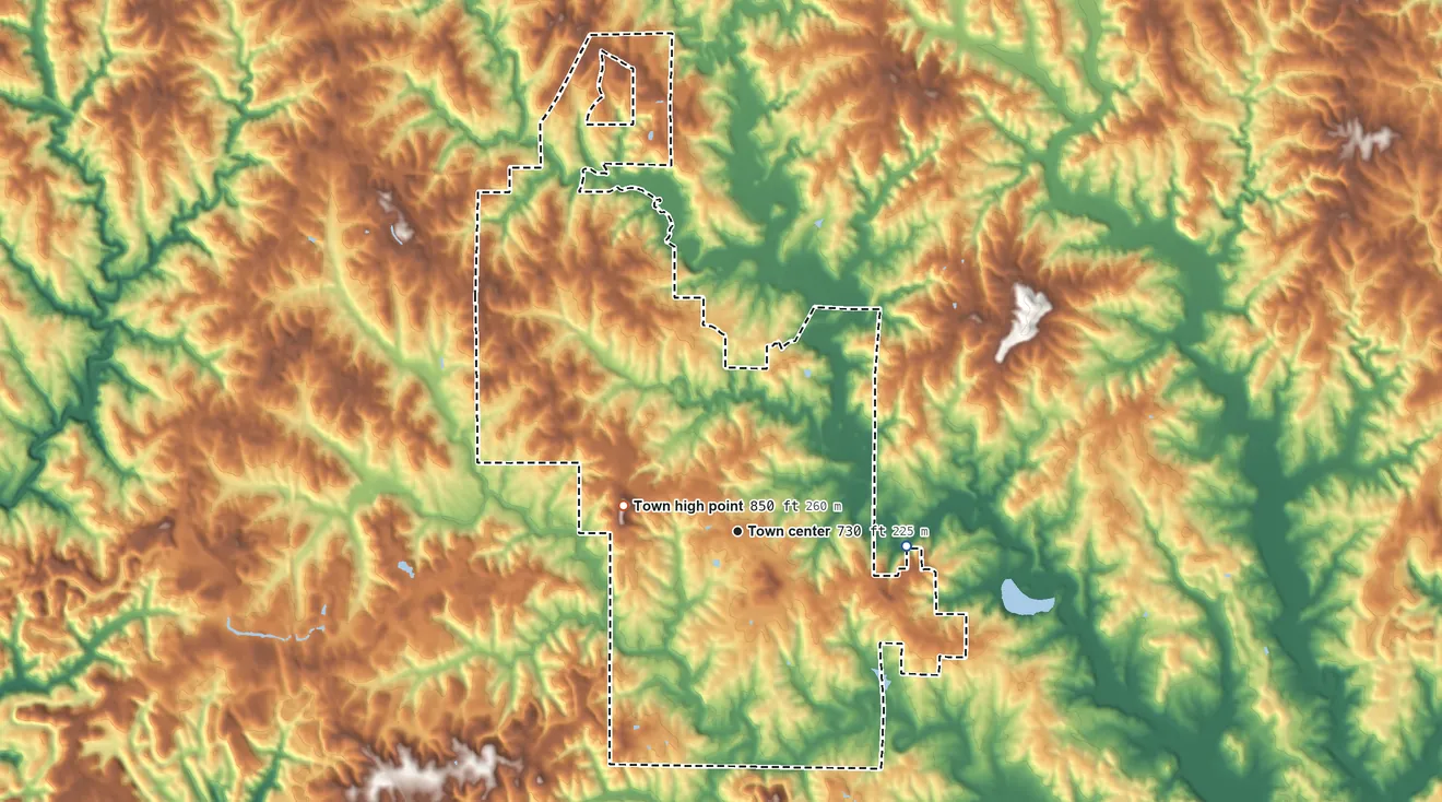 Topographic elevation map of Lynn, Alabama, shaded from 540 ft on the east side to 850 ft on the west side