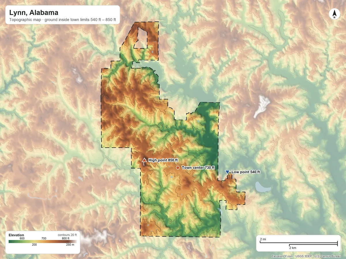 Topographic elevation map of Lynn, Alabama, shaded from 540 ft on the east side to 850 ft on the west side