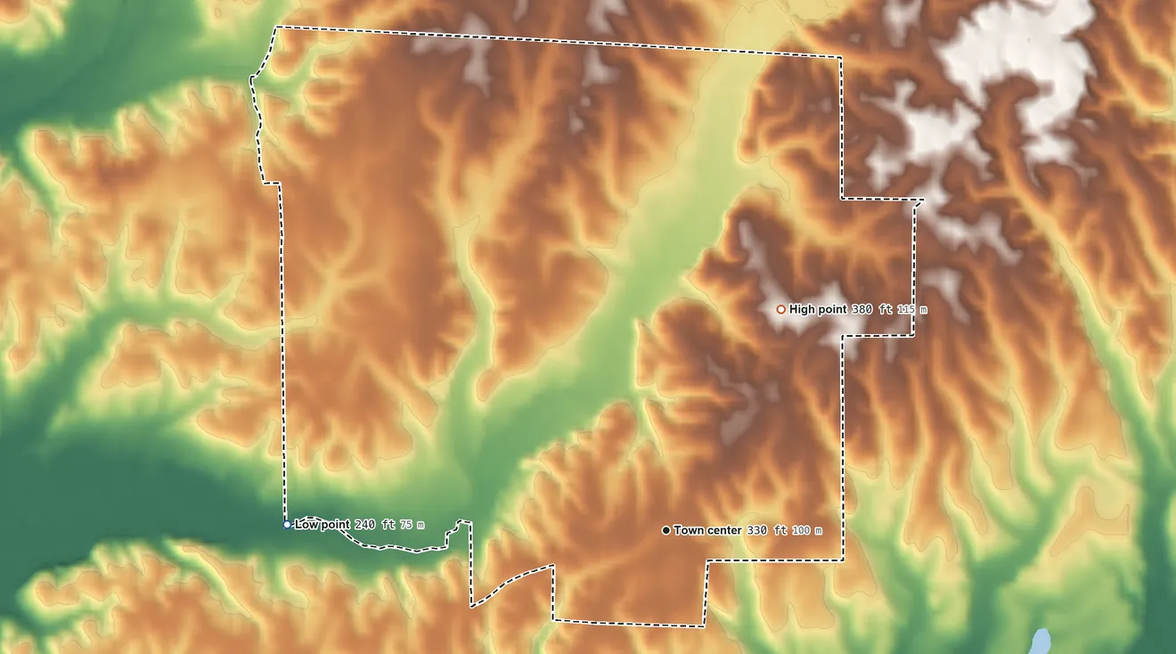 Topographic elevation map of Macedonia, Alabama, shaded from 240 ft on the west side to 380 ft on the northeast side