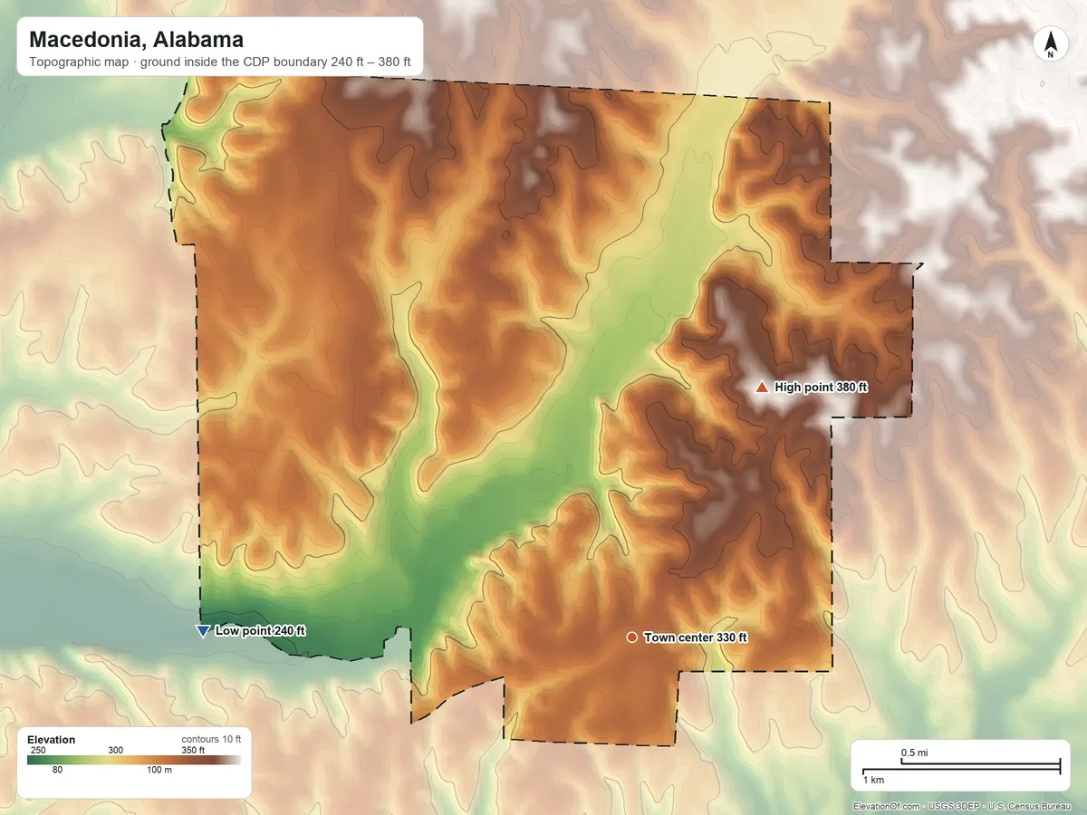 Topographic elevation map of Macedonia, Alabama, shaded from 240 ft on the west side to 380 ft on the northeast side