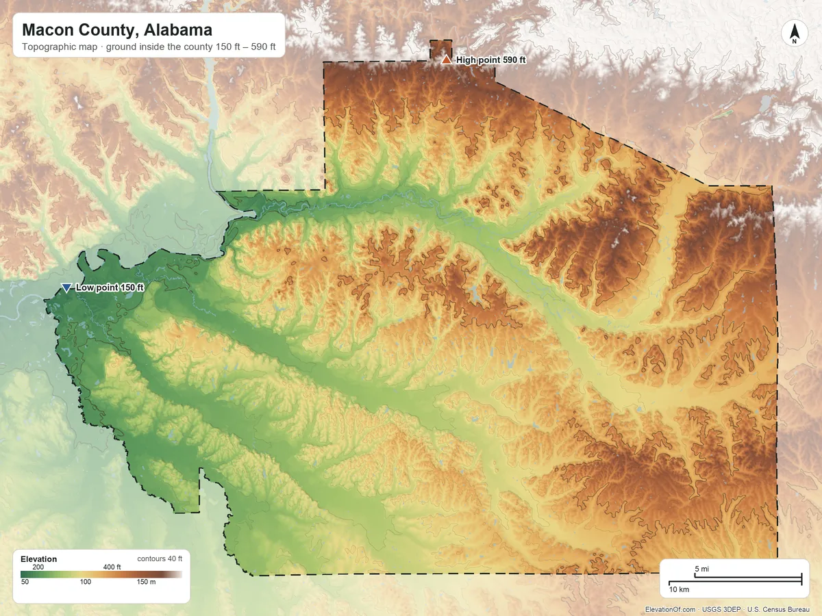 Topographic elevation map of Macon County, Alabama, shaded from 150 ft on the west side to 590 ft on the north side