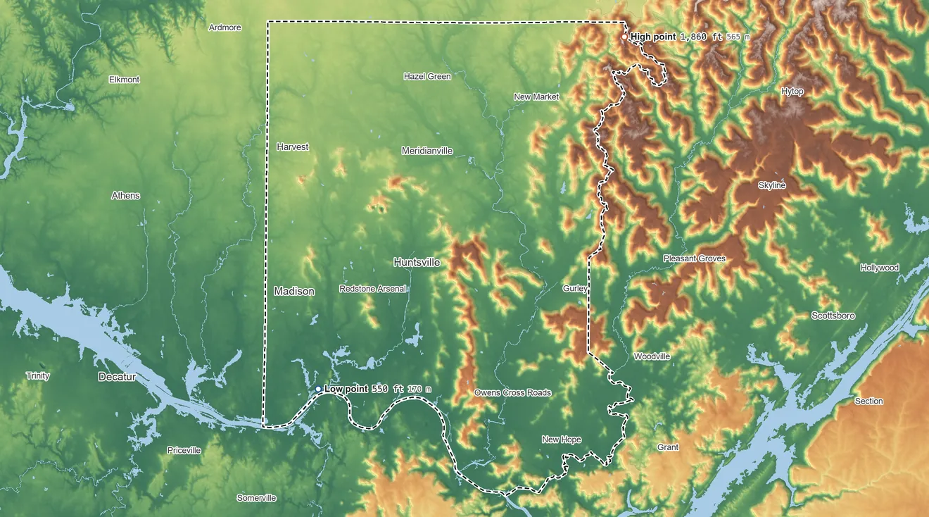 Topographic elevation map of Madison County, Alabama, shaded from 550 ft on the southwest side to 1,860 ft on Johnson Top
