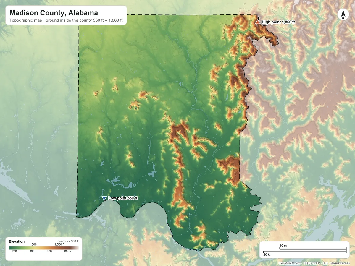 Topographic elevation map of Madison County, Alabama, shaded from 550 ft on the southwest side to 1,860 ft on Johnson Top