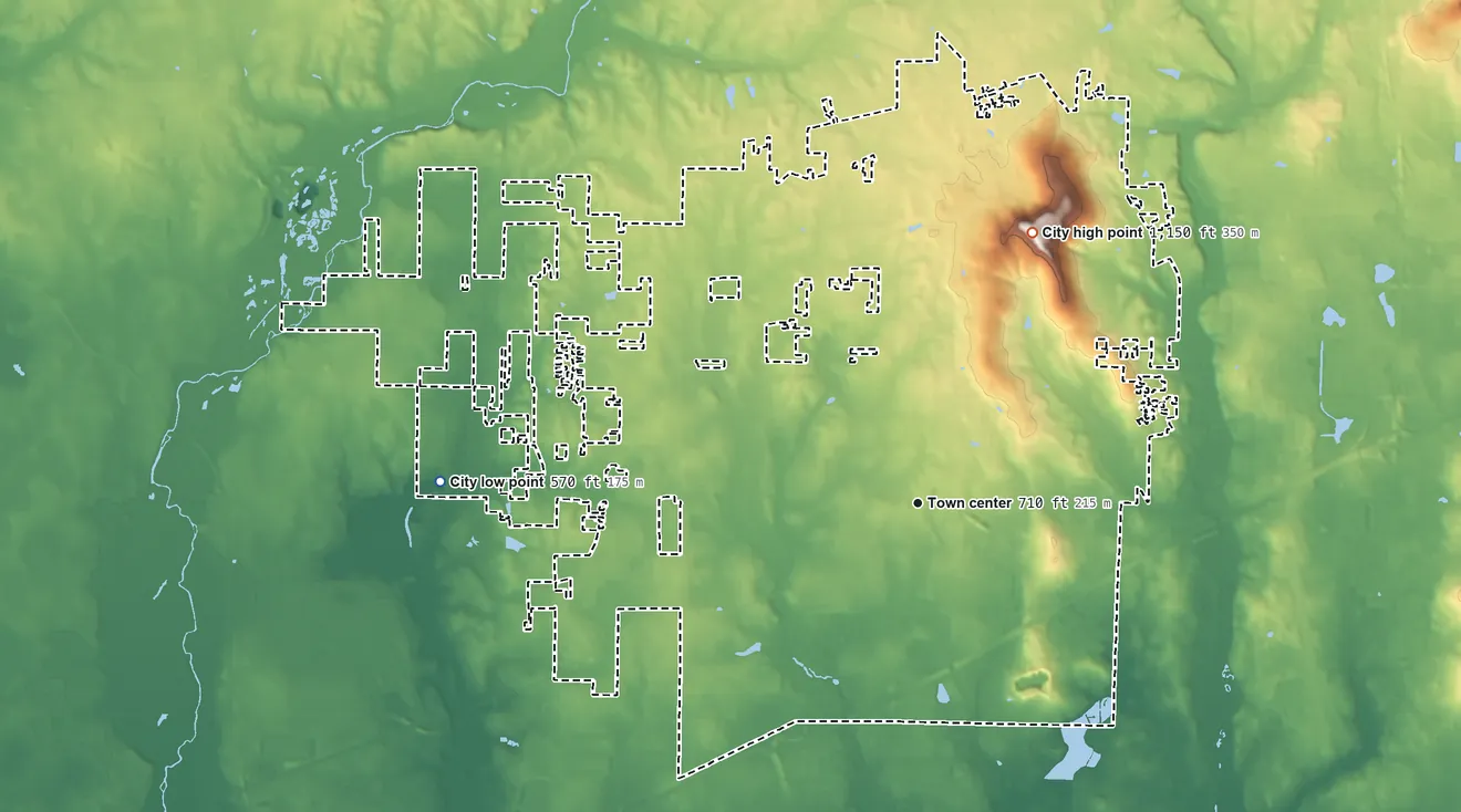 Topographic elevation map of Madison, Alabama, shaded from 570 ft on the west side to 1,150 ft on Rainbow Mountain