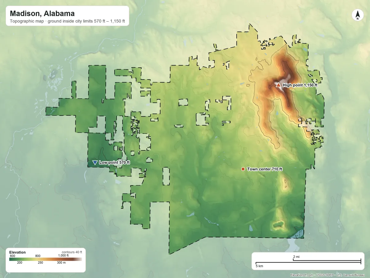 Topographic elevation map of Madison, Alabama, shaded from 570 ft on the west side to 1,150 ft on Rainbow Mountain