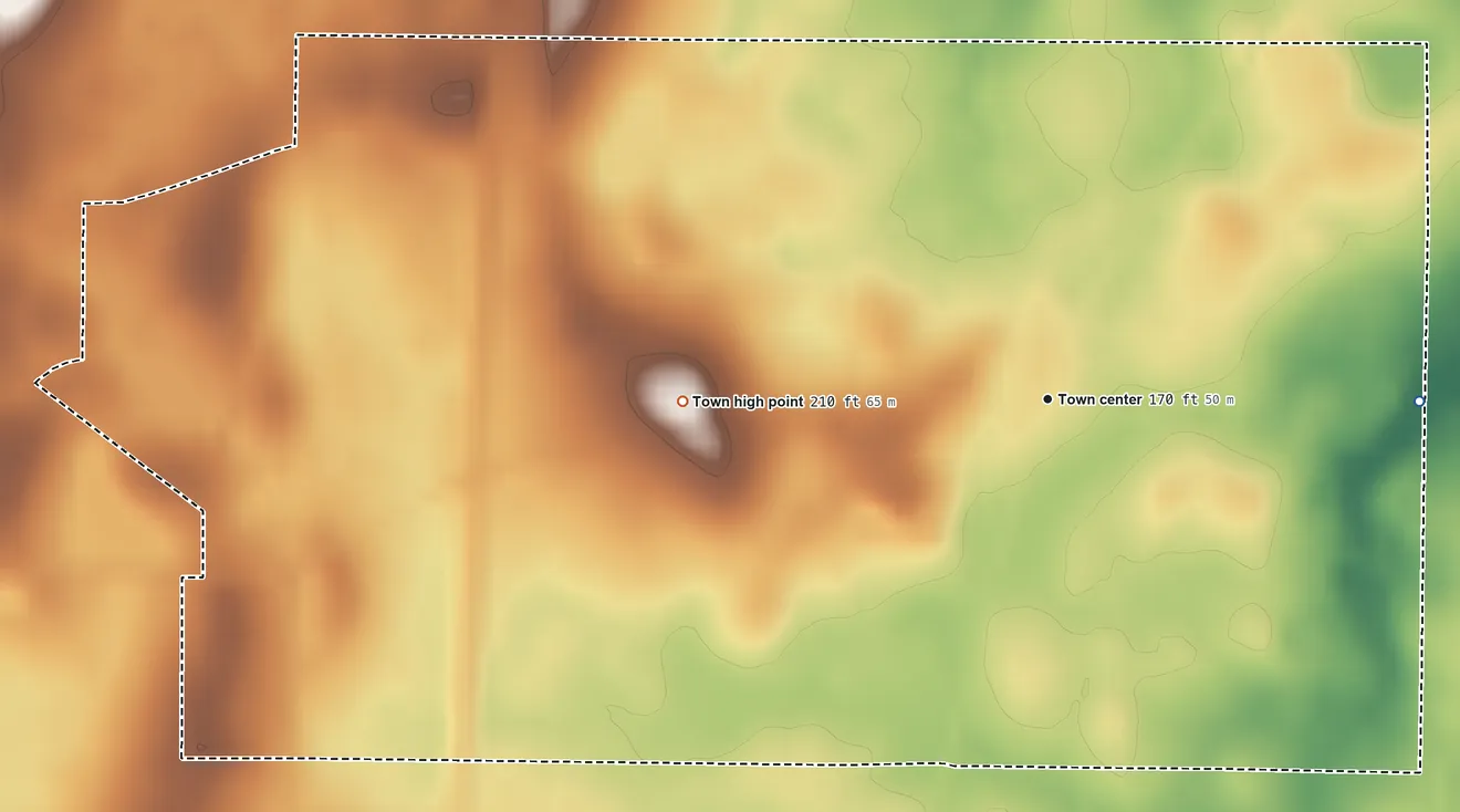 Topographic elevation map of Madrid, Alabama, shaded from 140 ft on the east side to 210 ft on the west side