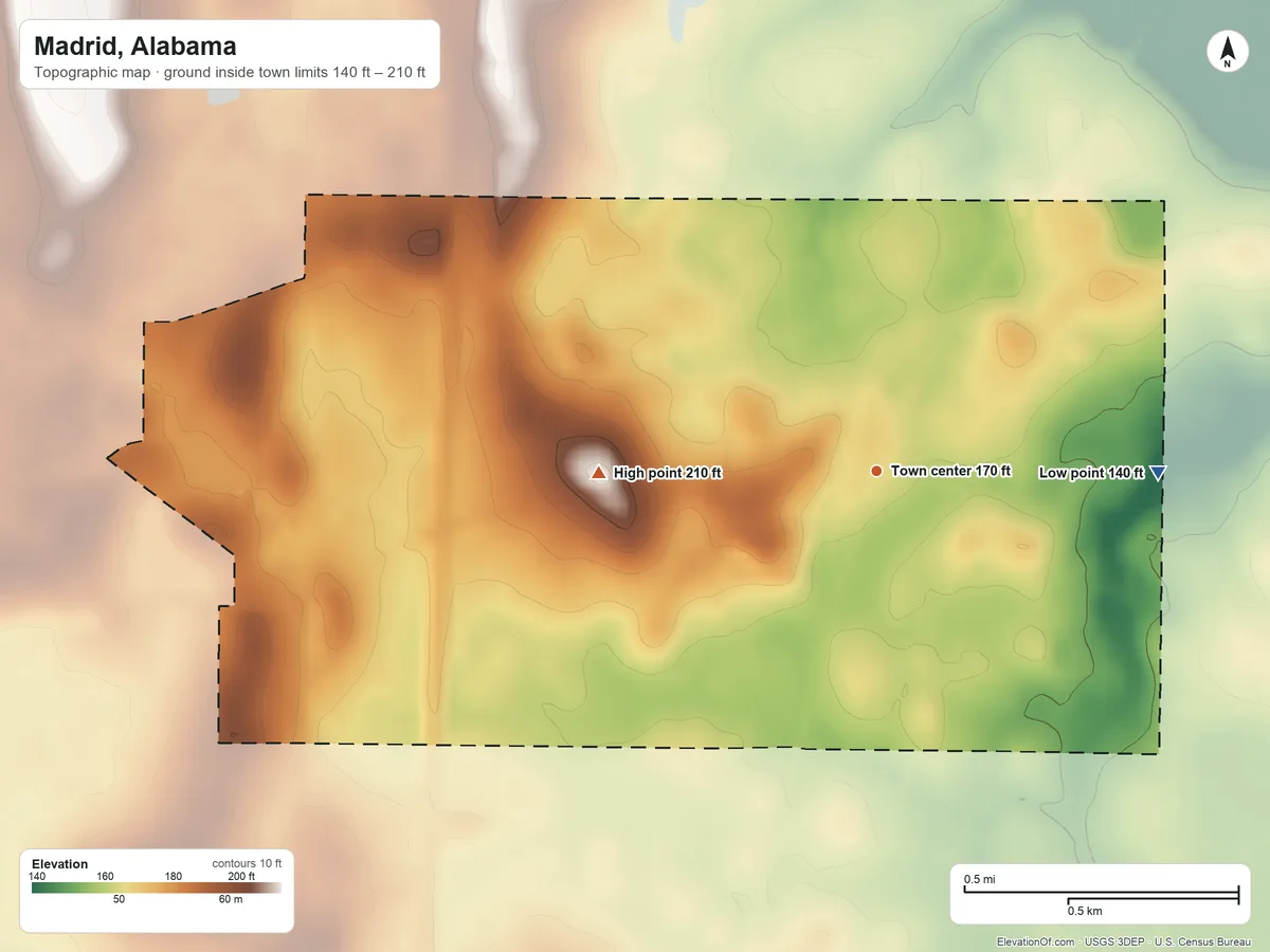 Topographic elevation map of Madrid, Alabama, shaded from 140 ft on the east side to 210 ft on the west side