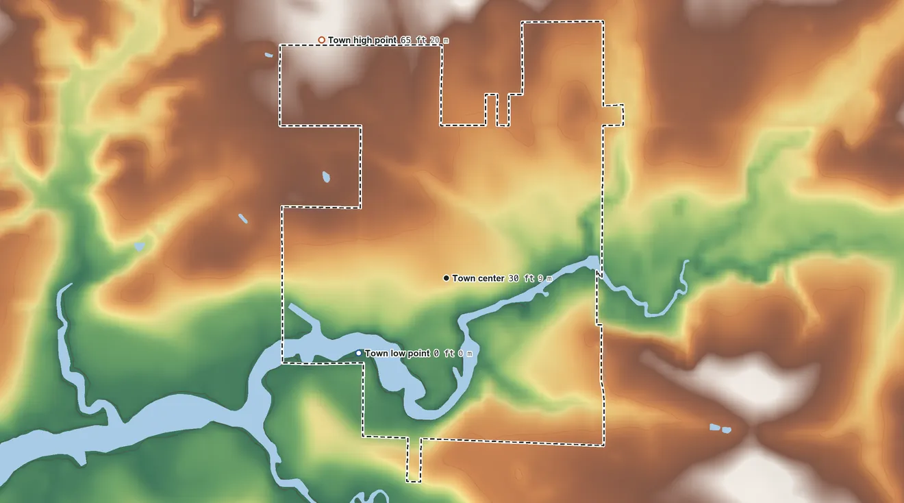 Topographic elevation map of Magnolia Springs, Alabama, shaded from 0 ft on the southwest side to 65 ft on the northwest side