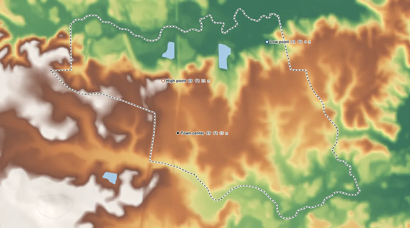 Topographic elevation map of Malcolm, Alabama, shaded from 11 ft on the northeast side to 69 ft on the north side