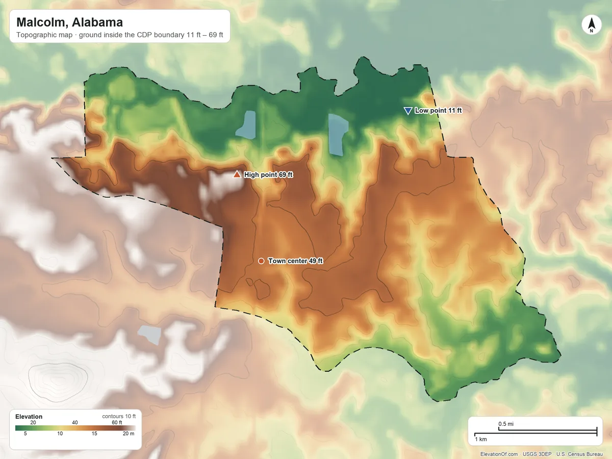 Topographic elevation map of Malcolm, Alabama, shaded from 11 ft on the northeast side to 69 ft on the north side