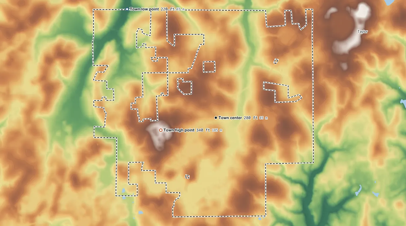 Topographic elevation map of Malvern, Alabama, shaded from 220 ft on the northwest side to 340 ft on the west side