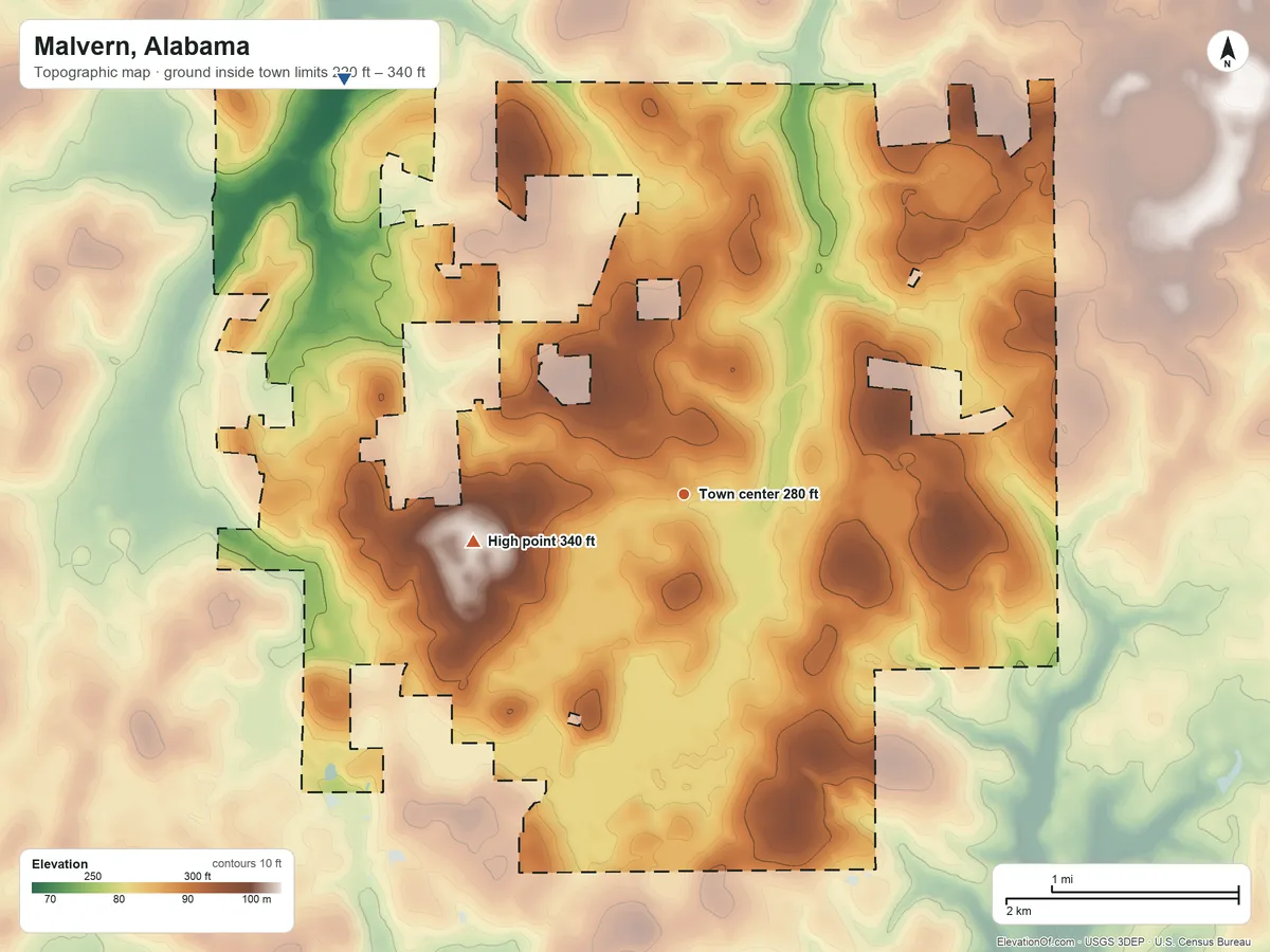 Topographic elevation map of Malvern, Alabama, shaded from 220 ft on the northwest side to 340 ft on the west side