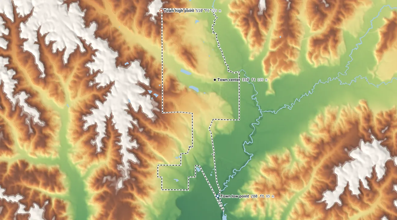 Topographic elevation map of Maplesville, Alabama, shaded from 280 ft on the south side to 510 ft on the northwest side