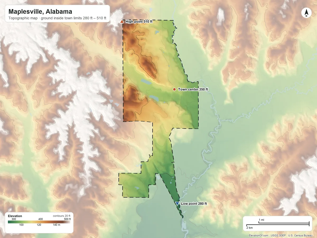 Topographic elevation map of Maplesville, Alabama, shaded from 280 ft on the south side to 510 ft on the northwest side