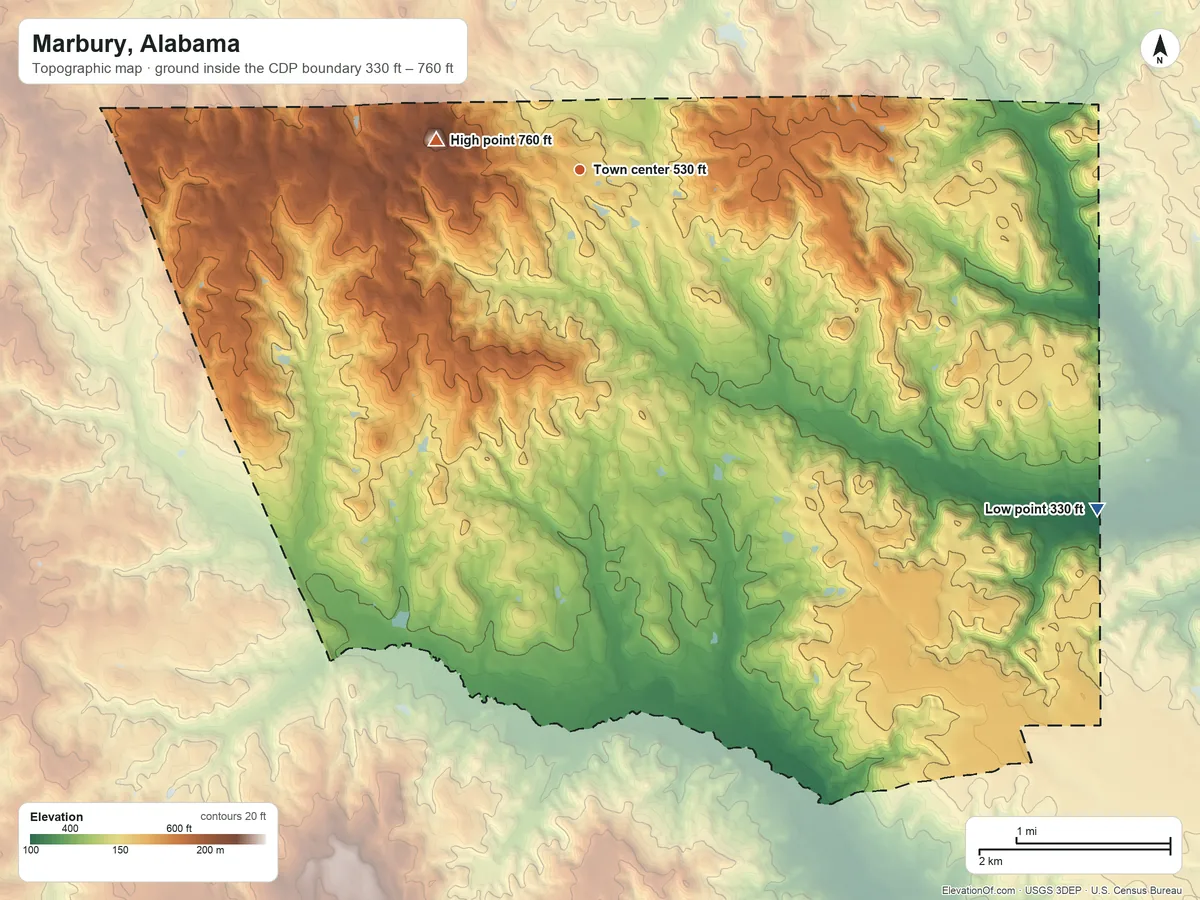Topographic elevation map of Marbury, Alabama, shaded from 330 ft on the southeast side to 760 ft on the west side