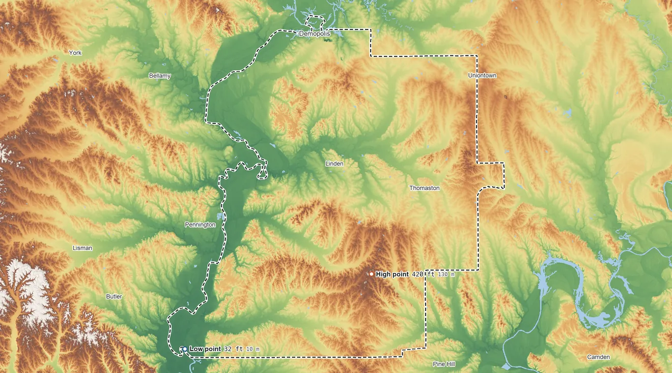 Topographic elevation map of Marengo County, Alabama, shaded from 32 ft on the southwest side to 420 ft on the south side