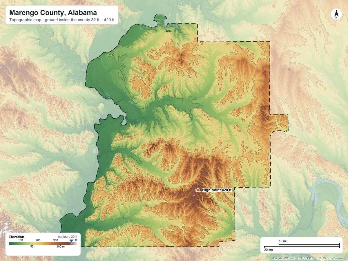 Topographic elevation map of Marengo County, Alabama, shaded from 32 ft on the southwest side to 420 ft on the south side