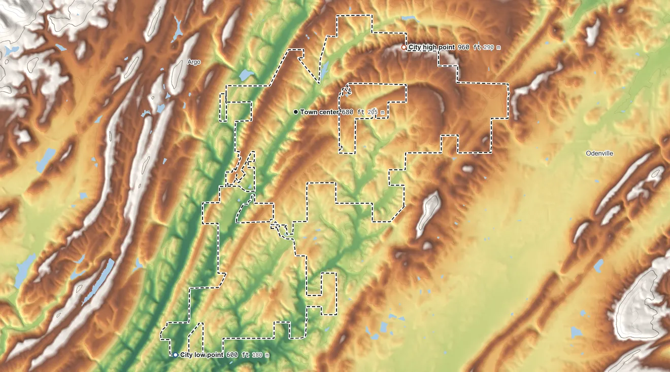 Topographic elevation map of Margaret, Alabama, shaded from 600 ft on the southwest side to 960 ft on the northeast side