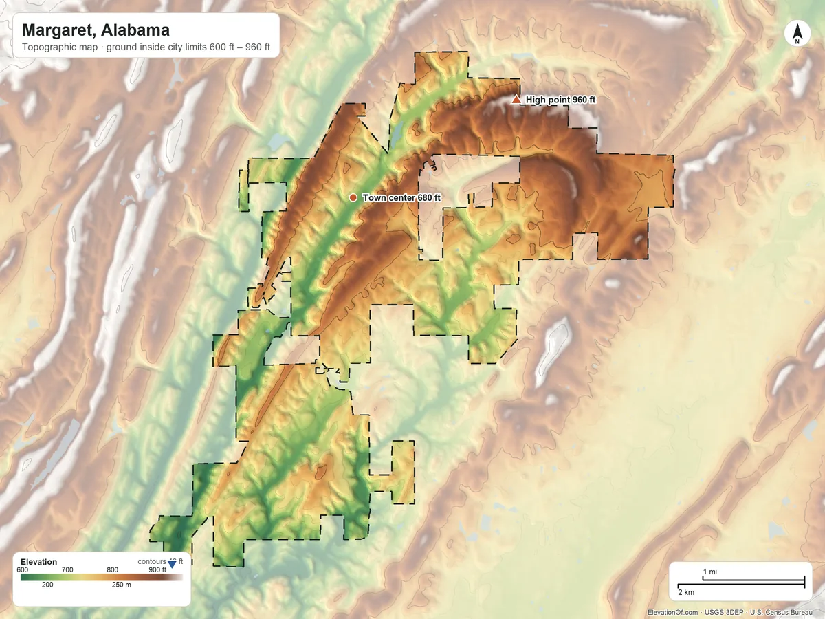 Topographic elevation map of Margaret, Alabama, shaded from 600 ft on the southwest side to 960 ft on the northeast side