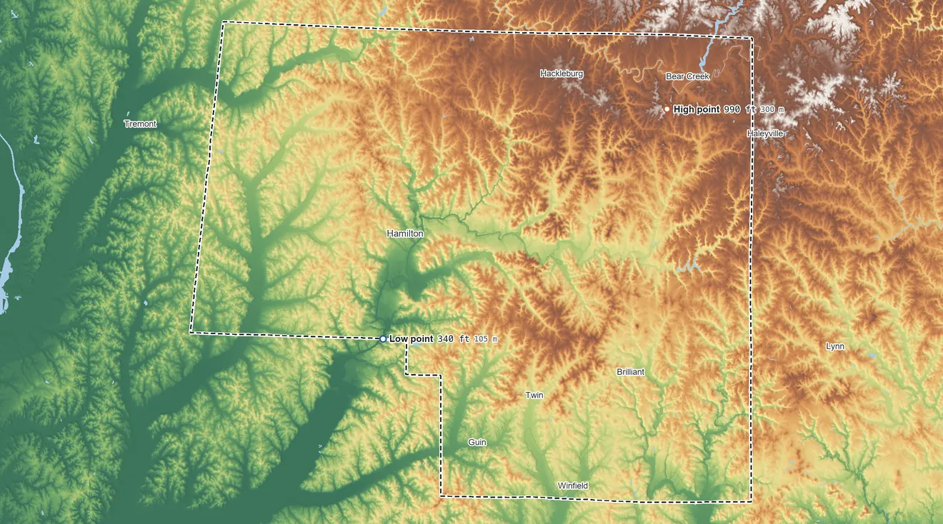 Topographic elevation map of Marion County, Alabama, shaded from 340 ft on the southwest side to 990 ft on the northeast side