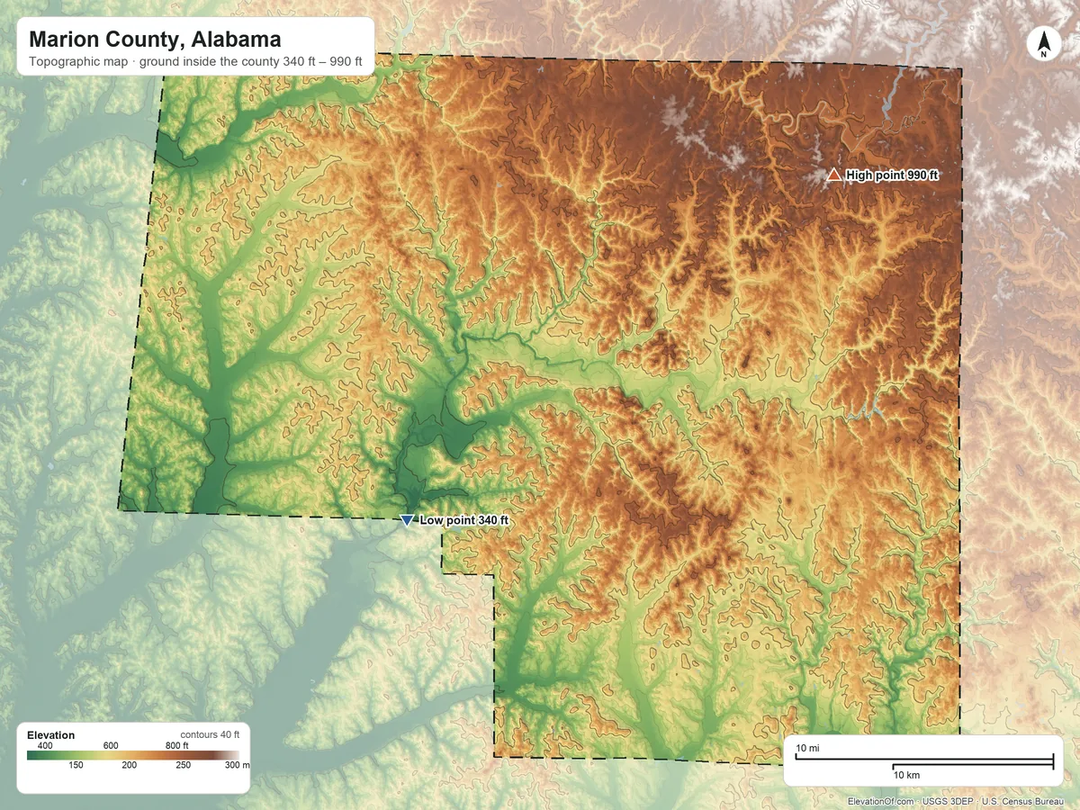 Topographic elevation map of Marion County, Alabama, shaded from 340 ft on the southwest side to 990 ft on the northeast side