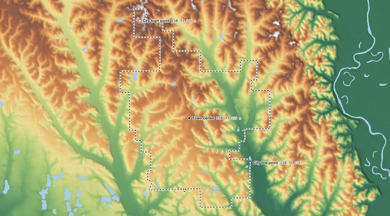 Topographic elevation map of Marion, Alabama, shaded from 210 ft on the southeast side to 450 ft on the northwest side