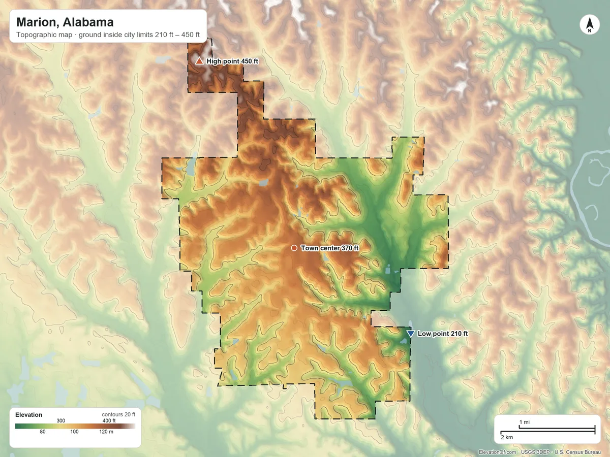 Topographic elevation map of Marion, Alabama, shaded from 210 ft on the southeast side to 450 ft on the northwest side