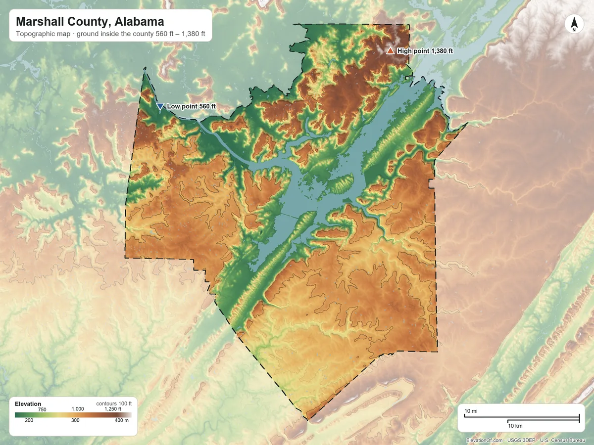 Topographic elevation map of Marshall County, Alabama, shaded from 560 ft on the northwest side to 1,380 ft on Gunters Mountain