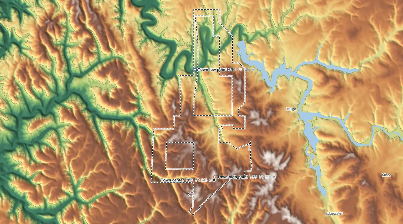 Topographic elevation map of Maytown, Alabama, shaded from 390 ft on the north side to 730 ft near the middle