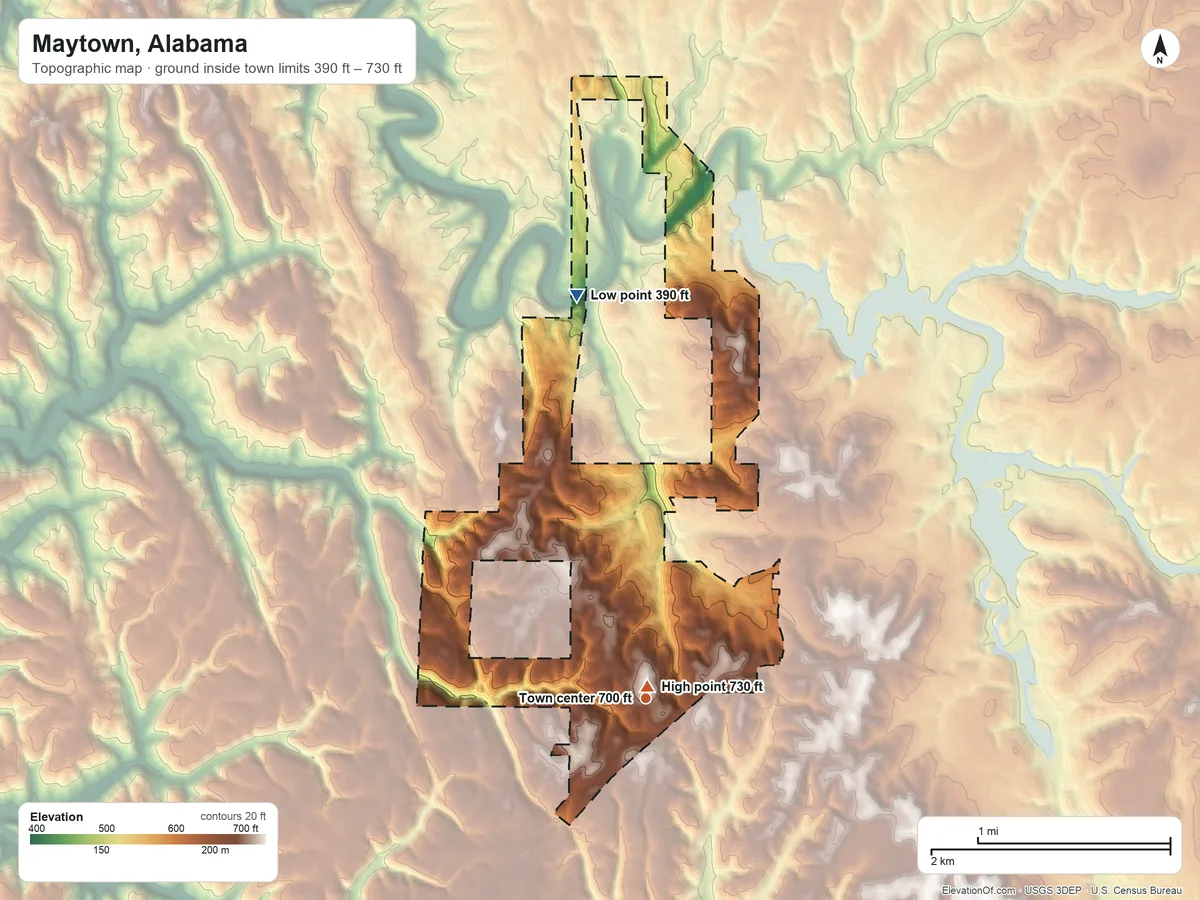 Topographic elevation map of Maytown, Alabama, shaded from 390 ft on the north side to 730 ft near the middle