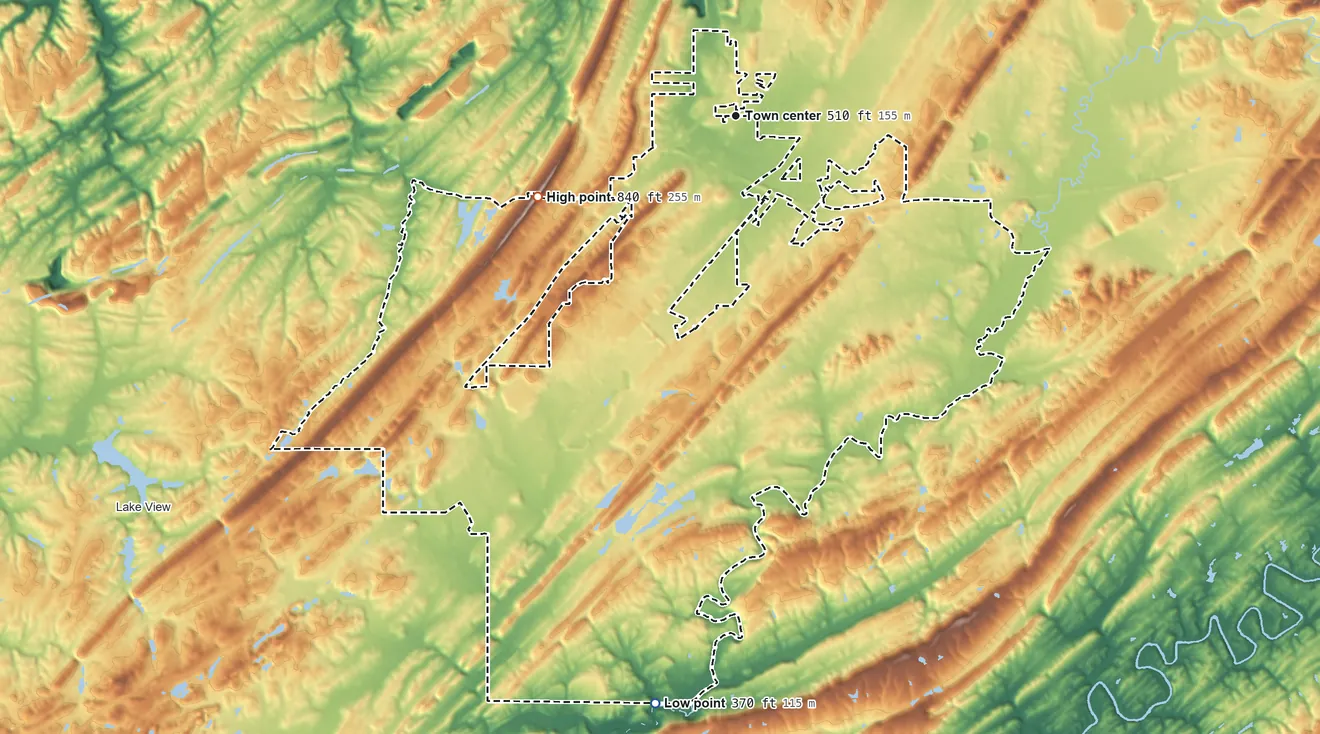 Topographic elevation map of McCalla, Alabama, shaded from 370 ft on the south side to 844 ft on Rock Mountain