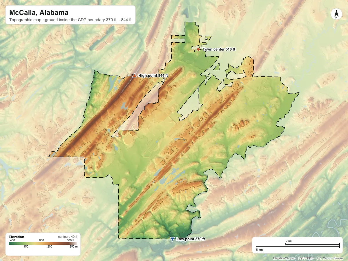 Topographic elevation map of McCalla, Alabama, shaded from 370 ft on the south side to 844 ft on Rock Mountain