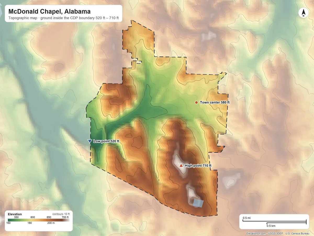 Topographic elevation map of McDonald Chapel, Alabama, shaded from 520 ft on the west side to 710 ft on the south side