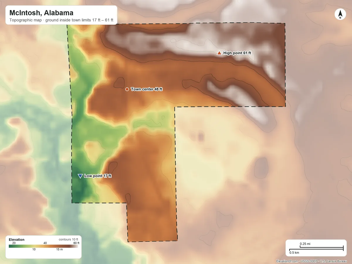 Topographic elevation map of McIntosh, Alabama, shaded from 17 ft on the southwest side to 61 ft on the east side