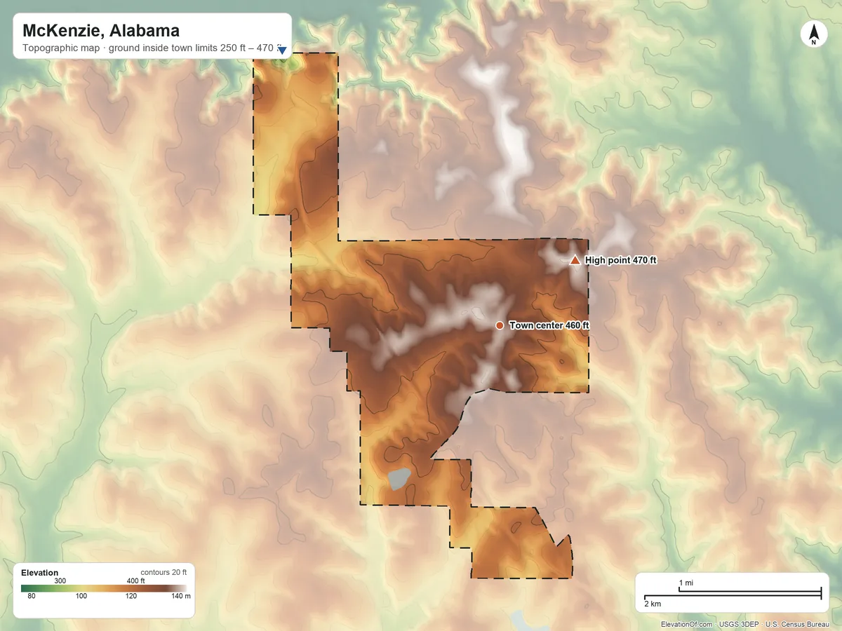 Topographic elevation map of McKenzie, Alabama, shaded from 250 ft on the northwest side to 470 ft on the northeast side