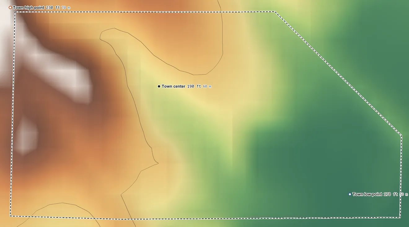 Topographic elevation map of McMullen, Alabama, shaded from 170 ft on the southeast side to 230 ft on the northwest side