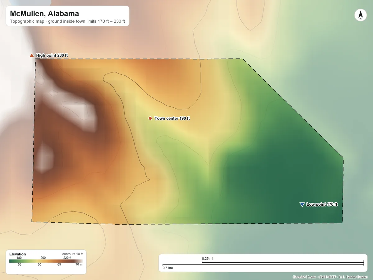 Topographic elevation map of McMullen, Alabama, shaded from 170 ft on the southeast side to 230 ft on the northwest side
