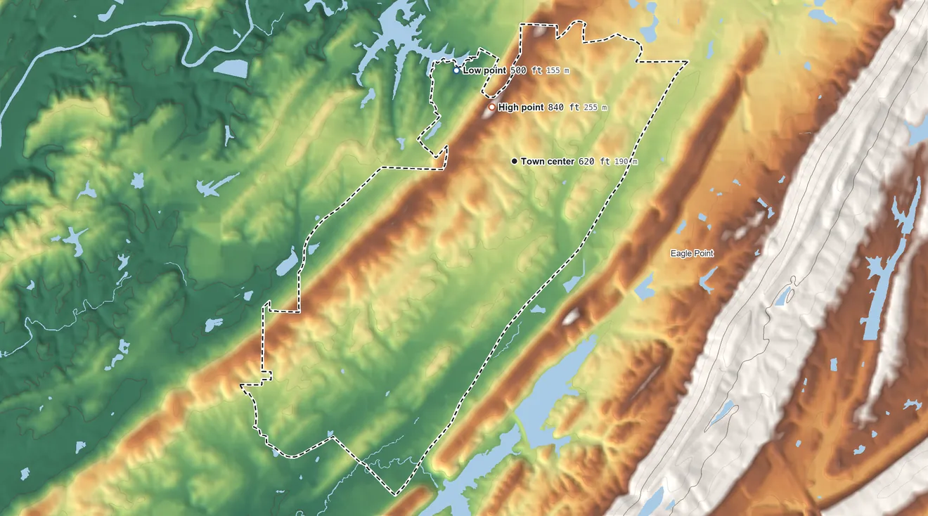 Topographic elevation map of Meadowbrook, Alabama, shaded from 500 ft on the northwest side to 840 ft near the middle