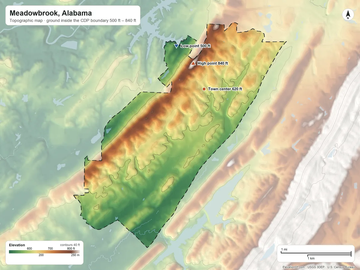 Topographic elevation map of Meadowbrook, Alabama, shaded from 500 ft on the northwest side to 840 ft near the middle
