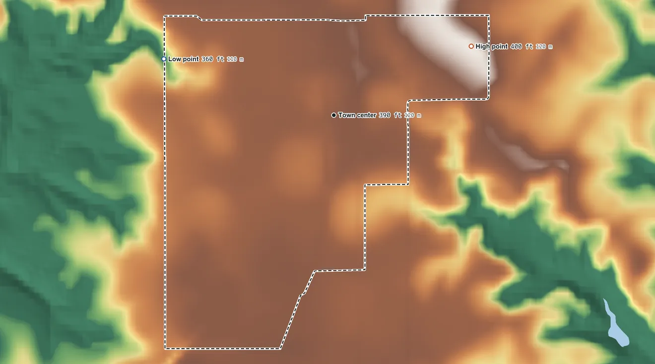 Topographic elevation map of Megargel, Alabama, shaded from 360 ft on the west side to 400 ft on the northeast side