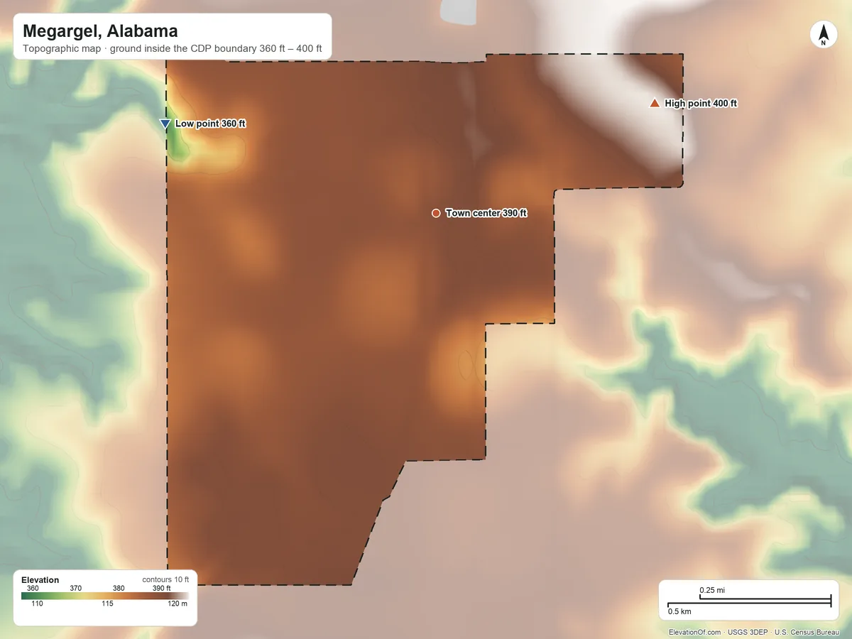 Topographic elevation map of Megargel, Alabama, shaded from 360 ft on the west side to 400 ft on the northeast side