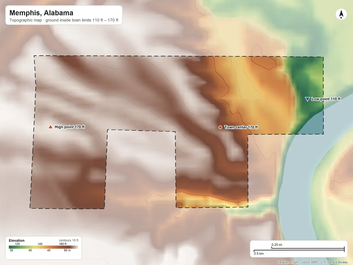 Topographic elevation map of Memphis, Alabama, shaded from 110 ft on the east side to 170 ft on the west side