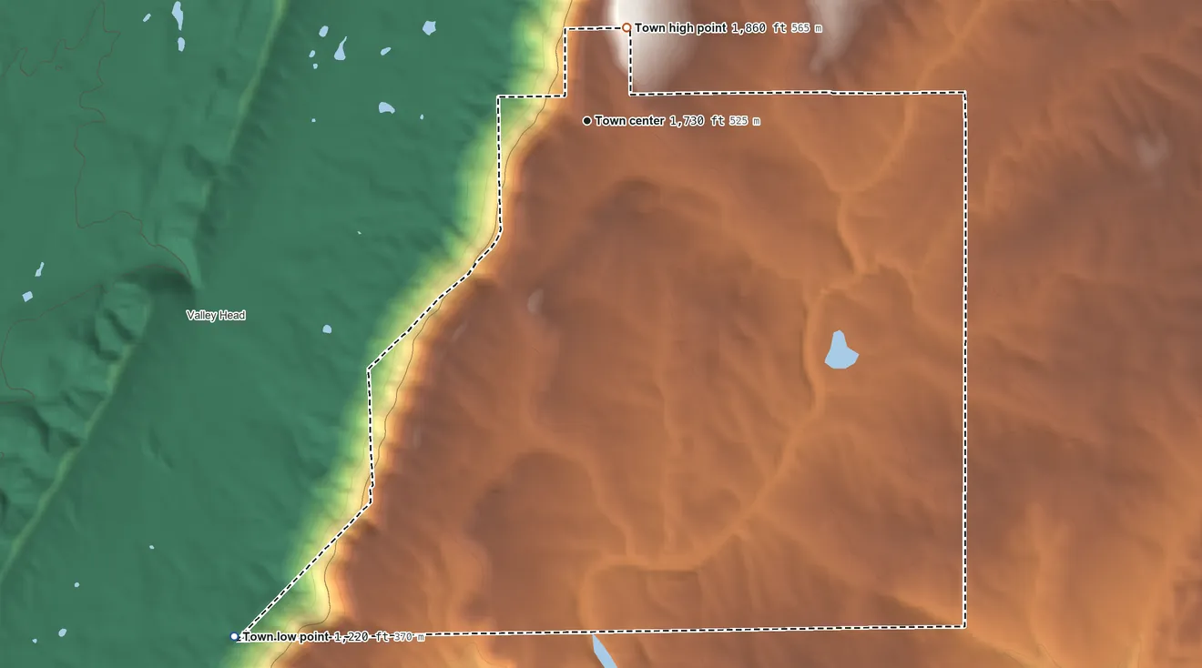 Topographic elevation map of Mentone, Alabama, shaded from 1,220 ft on the southwest side to 1,860 ft on the northeast side