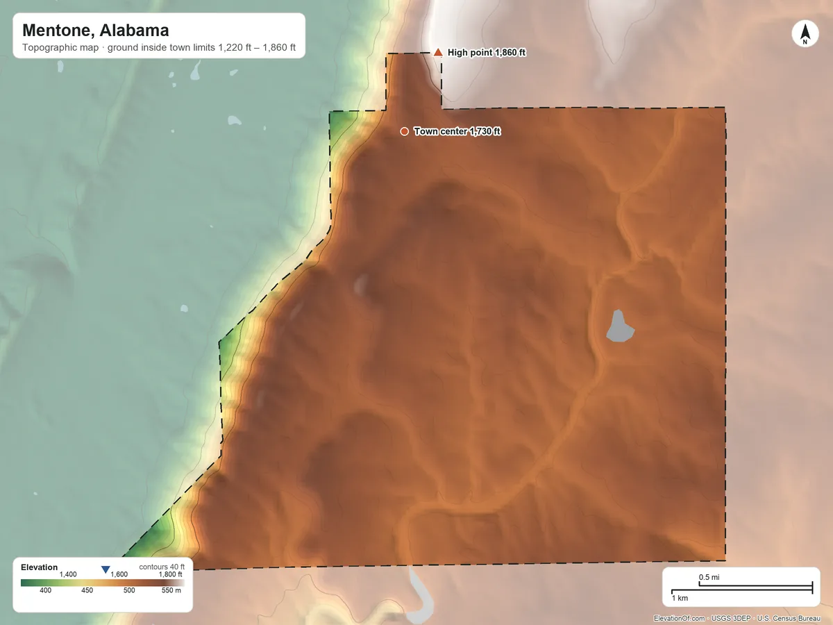 Topographic elevation map of Mentone, Alabama, shaded from 1,220 ft on the southwest side to 1,860 ft on the northeast side